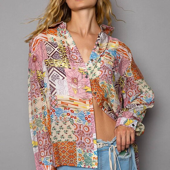 POL Oversize multi patterns button down top - NWT - Size M - Picture 1 of 5